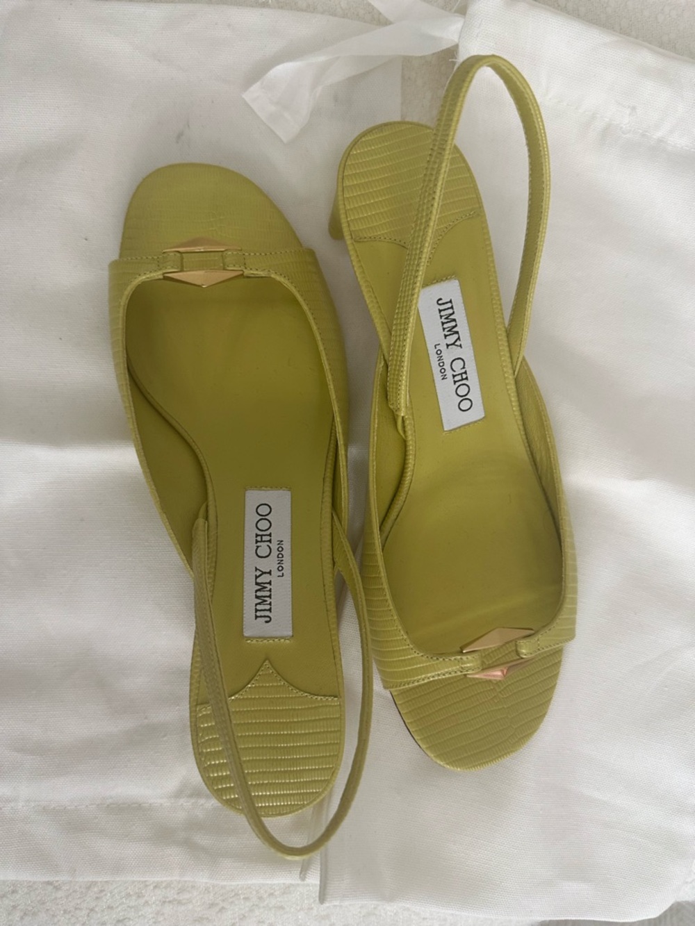 Jimmy Choo Yellow-Green Slingback Mules with Gold Accent - Picture 1 of 3